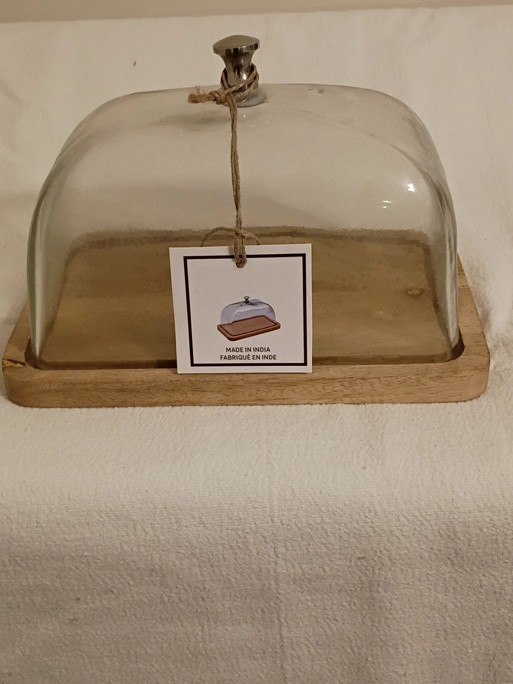 Clear Glass Dome Butter/Cheese Dish with Natural Wood Tray